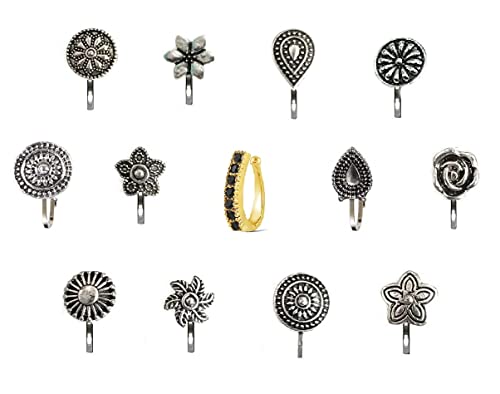 VAMA FASHIONS Without Piercing Nosering Pressing Type Clip on Oxidised Silver nose pin Stud for women (Oxidised nose stud)