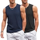 COOFANDY Men's Round Neck Sleeveless Tank Top 2 Pack Knit Tank Shirt Textured Tank Street Wear Black/Navy Blue