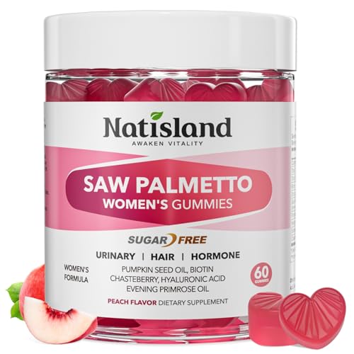 NATISLAND Saw Palmetto for Women Gummies, Organic Saw Palmetto with Pumpkin Seed Oil for Hair Growth, DHT Blocker & Urinary Health, Sugar Free, Vegan, Peach Flavor, 60 Chewable
