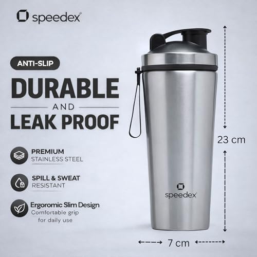 Image of Speedex YouFit Stainless Steel Gym Shaker Bottle 750ml with Mixing Ball | Leakproof Protein Shaker for Gym, Wide Mouth, Measurement Markings, Carry Loop Flip Cap | Metal Shaker for Men & Women, Silver