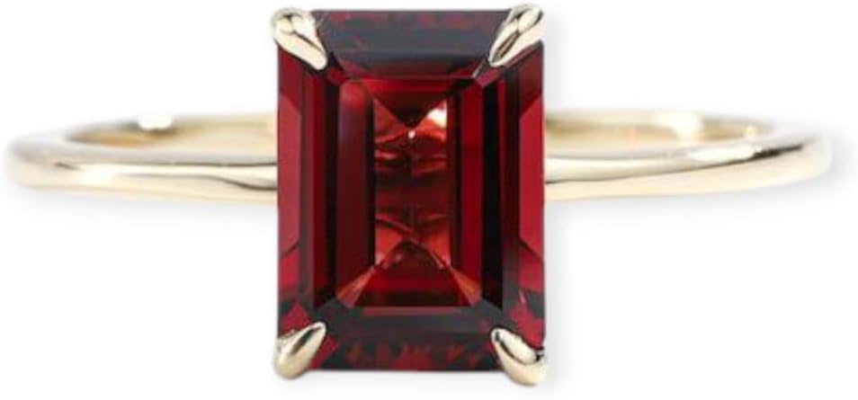 Emerald Cut Garnet Engagement Ring in Solid Gold - Red Garnet January Birthstone, Anniversary Ring for Her - GJH126