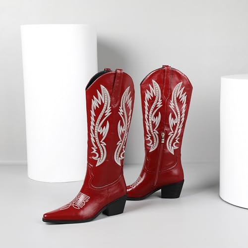 Image of LingxiaUne Red Knee High Cowboy Boots For Women Wide Calf Distressed Western Cowgirl Boot With Low Block Heels And Pointed Toe Trendy Comfortable Size 9