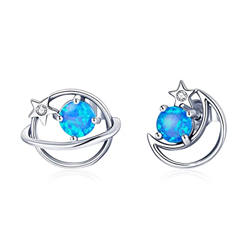 Boucles d'oreilles argent 925 lune étoile et opale bleue aux finitions joaillerie