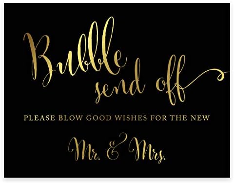 Andaz Press Wedding Party Signs, Black and Metallic Gold Ink, 8.5x11-inch, Bubble Send Off Please Blow Good Wishes for The New Mr. & Mrs. Sign, 1-Pack, Unframed