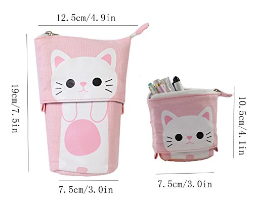 iSuperb Transformer Stand Store Pencil Holder Canvas+PU Cartoon Cute Cat Telescopic Pencil Pouch Bag Stationery Pen Case Box with Zipper Closure 7.5 x 4.9 x 3.0inch/4.1x 3.0inch (Pink)