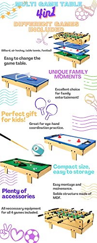 Leomark Multigame Mobiler Spieltisch aus Holz – 4in1 Tischfußball, Billard, Hockey, Tischtennis mit Zubehör für Multiplayer-Spaß – Bild 4