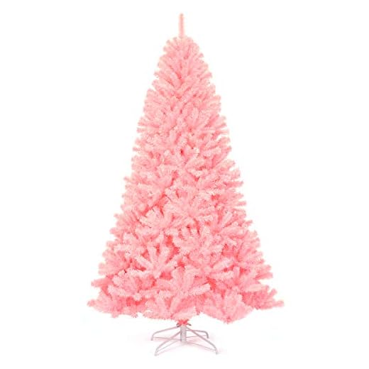Goplus 7.5ft Unlit Pink Artificial Christmas Tree, Hinged Spruce Full Tree with Metal Stand, 100% New PVC Material, Xmas Tree for Indoor and Outdoor Decoration