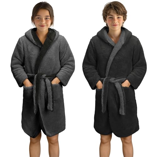 HOMELEVEL Kuschelfleece Bademantel für Kinder - Sherpa Morgenmantel mit Taschen Schalkragen Gürtel - Wende-Kinderbademantel für Jungen und Mädchen