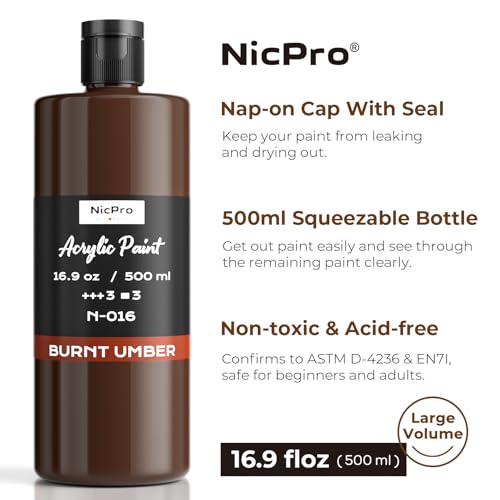 Image of Nicpro Burnt Umber Large Acrylic Paint (16.9 oz, 500 ml), Rich Pigments