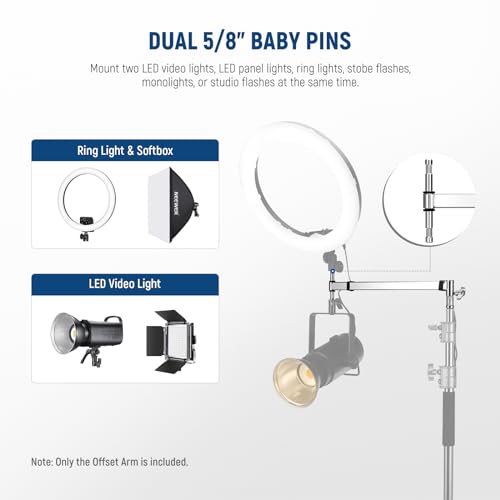Image of NEEWER Offset Arm with Dual 5 /8 inch Baby Pins for LED Video Light Studio Flash, 19 inch-28 inch Extendable with 1-1 /8 inch Junior Pin and 5 /8 inch Receiver, 2 Threads for More C Stands Photography Light Stands, UA016