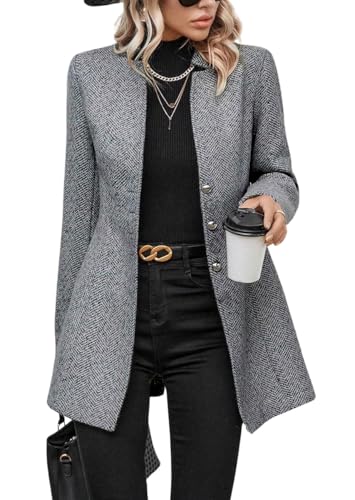 chouyatou Women's Business Casual Herringbone Wool Coat Button Up Notch Collar Dressy Blazer Jacket (Medium, Light Grey)