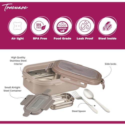 Image of Trueware Picaso Jr. Insulated Inner Steel Thermoware BPA Free, Airtight, Food Grade, 2 Containers Lunch Box 750 ML | for School, Kids, Boy & Girl | Hot Lunch Box