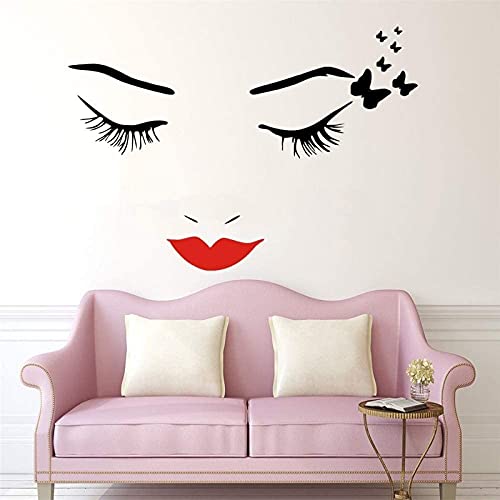 Qarunt Autocollants de décoration de Maison détachables, Salon de beauté Eye Lèvres Rouges Lèvres Art Mural, Cils d'oeil Papillon Vinyl adpesivo Autocollant (Noir avec lèvres Rouges, 70x85 cm) Cover
