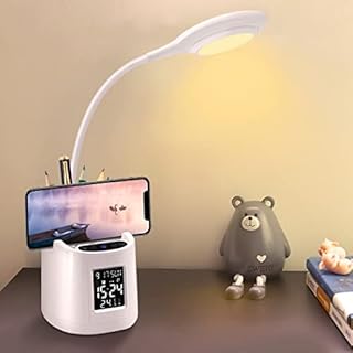 HDCOOL Desk Lamp, LED Study Lamp, 3 Color Modes & Stepless Dimming, Eye-Caring Table Lamp, Clock Desk Light (Time, Alarm, Date, Temperature), Pen Holder & Phone Holder, Office Lamp with USB