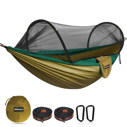 NATUREFUN Hamaca de Viaje Ultraligera con mosquitero para Acampar 300kg de Capacidad de Carga,Transpirable,paracaídas de Secado rápido de Nylon 2 mosquetones de Primera Calidad,2 Eslingas de Nylon