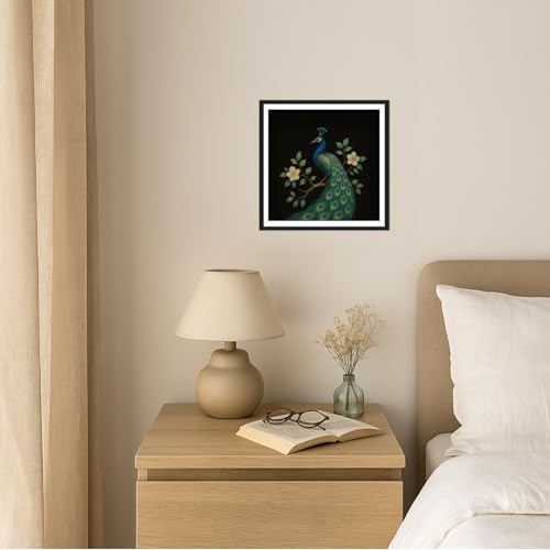 Peacock Wall Art, Botanical Bird Art Print, Dark Decor, 12x12in (30x30cm) — view 4