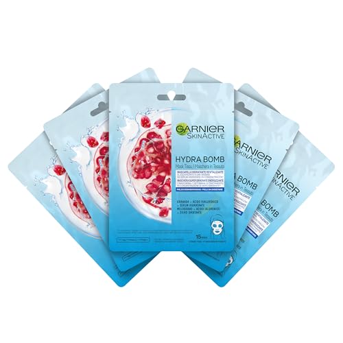 Garnier SkinActive Tissue Mask Granada Mascarilla Superhidratante y Rellenadora. Energizante Hidra Bomb - Pack de 5 mascarillas