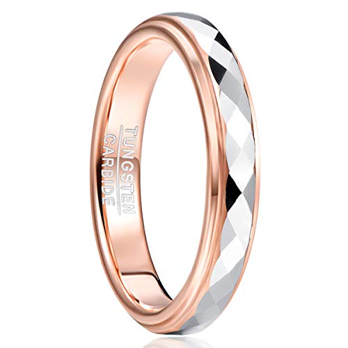 4mm Tungsten Rings for Women Rose Gold/Gold/Gunmetal/Silver Faceted Wedding Band Two Tone Ring with Step Edge Comfort Fit Size 5-10