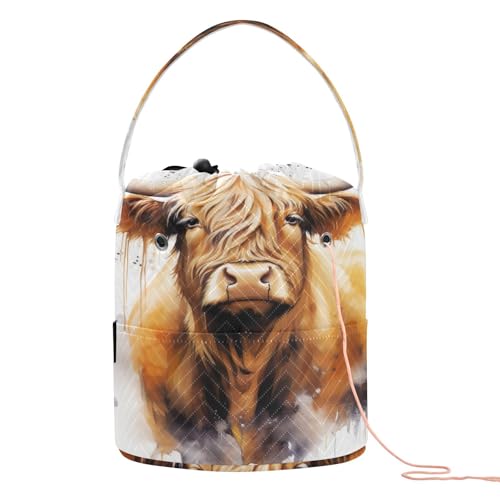 Image of WELLDAY Highland Cow Portrait Crochet Bag Knitting Bag Yarn Storage Organizer, Portable Yarn Bag and Tote for Crocheting Project, Store Skein Ball, Short Knitting Needle
