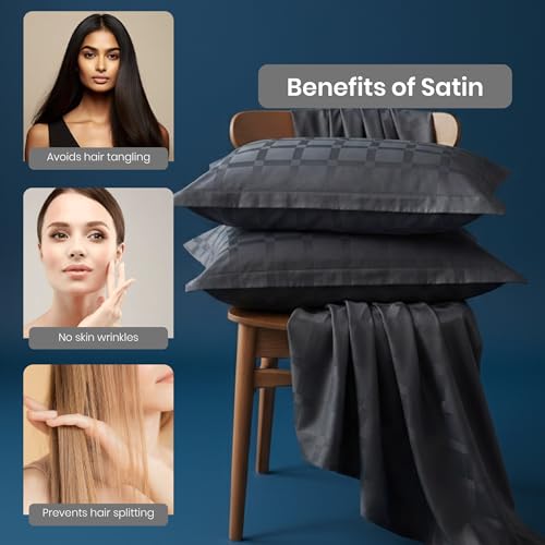 Image of Mush Satin Bedsheet King Size with 2 Pillow Case | 400 TC Bedsheets for King Size Bed | Cooling, Soft & Breathable Satin Bed Sheet, Premium Bedsheets Kingsize (Dark Grey, Jacquard Collection)
