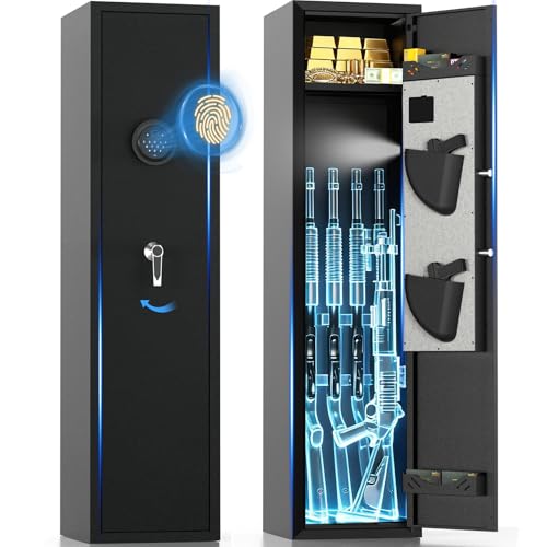 [No Assembly Required] 4-5 Biometric Gun Safe for Rifles and Pistols, Fingerprint Gun Cabinets for Rifles and Shotguns with Adjustable Shelves and Pistol Pockets, Quick Access Rifle Safe with Alarm