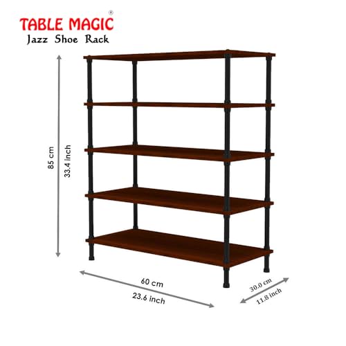 Image of TABLE MAGIC Jazz Slipper Stand Wooden | 5 Tier Organizer | Shoerack for Home Wooden | Steel Frame & Engineered Wood Shelves | Holds Up to 15 Pairs | Space-Saving Storage Rack | Mahogany Finish