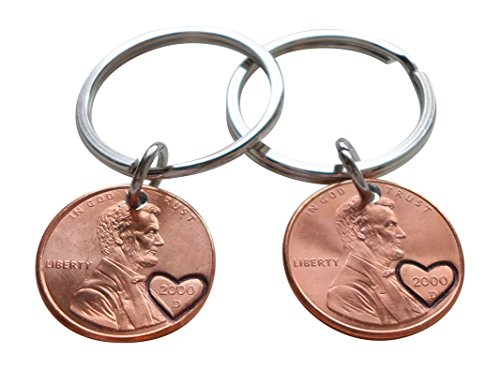 Double Keychain Set 2000 Penny Keychains With Heart Around Year; 24 Year Anniversary, Engraved Couples Keychain
