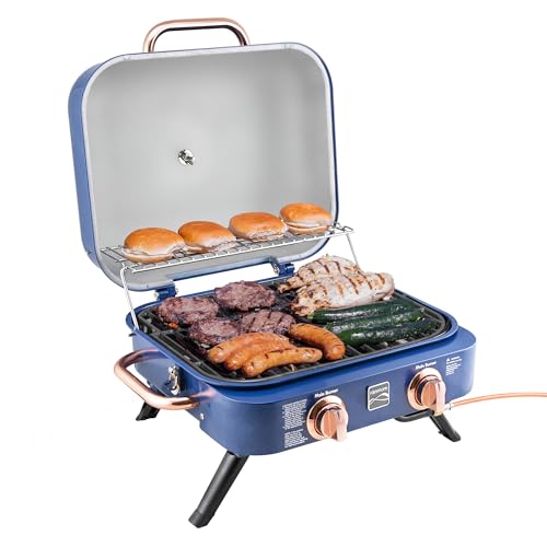 Kenmore Tragbarer Gasgrill - Kleiner 2-Brenner Balkongrill (4,1 kW) - BBQ Grill ideal für Camping, Camper und Balkon - 58 x 48 x 39 cm - Campingaz Grill - Tisch-Gasgrill (Blau - 50 Bar)