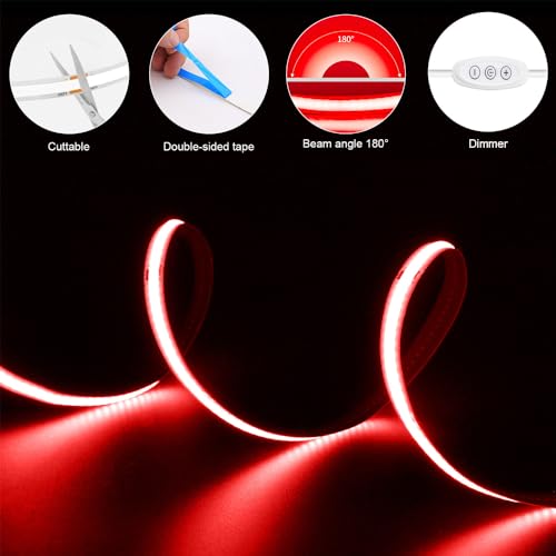 Image of USB Powered COB Led Strip Lights, 6.56Ft Battery Operated Red LED Strip Lights, High Brightness Flexible LED Tape Lights for Room, Cabinet, Bedroom, Kitchen, Party, Home DIY Indoor Deco