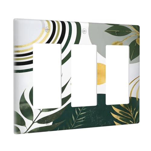 Decorative Outlet Covers Boho Green Leaves Bohemian Gold Sun 3 Gang Wall Plate Triple Rocker Light Switch Cover Plate Jumbo Electrical Gfci Faceplate for Bedroom Decor