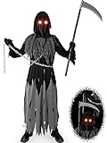 Kids Grim Reaper Costume with Glowing Red Eyes Scythe, Death Costume Accessories for Halloween Dress Party(8-10 Years)