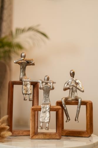 Image of MANOR HOUSE Flute Player Figurine Showpiece, Silver Metal Musician Sculpture on Wooden Square Base (Playing Flute Sculpture)
