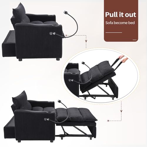 Image of HAOMARKETS 3-in-1 Convertible Loveseat Sleeper Sofa Bed, 2-Seat Pull Out Couch with Cup Holders, Phone Holder and USB Ports, Corduroy 3-Level Adjustable Backrest Couches for Living Room, Black