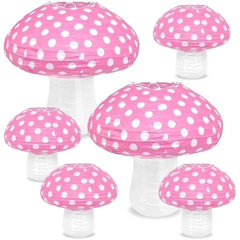 Mushroom Paper Lanterns, 6pcs Mushroom Hanging Decor Forest Jungle Wonderland Themed for Birthday Party Baby Shower Garden Wedding Decorations 8 inch, 12 inch (Pink) Cover