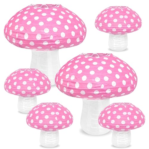 Mushroom Paper Lanterns, 6pcs Mushroom Hanging Decor Forest Jungle Wonderland Themed for Birthday Party Baby Shower Garden Wedding Decorations 8 inch, 12 inch (Pink)