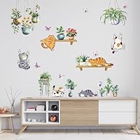Refreshing Ice Cartoon Scratch Cat Wall Stickers (6 Sheets) Cute Cat and Potted Plant Wall PVC Decals for Teens Bedroom Kids Room Decor Wall DIY Decoration