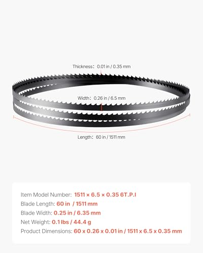 VEVOR Bandsaw Blade, 60 Inch Length, 6 TPI Band Saw Blade with 15 HRC Hardened Sharp Teeth, SK5 High-Strength Carbon Steel, 0.25 Inch Width, Replacement for Major Woodworking Band Saw Brands, 1 Pack