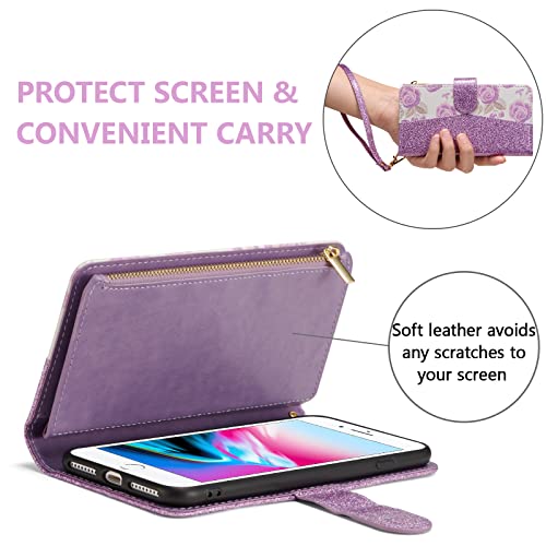 UEEBAI Wallet Case for iPhone 16 Plus, PU Leather Wallet Magnetic Closure Handbag Zipper Pocket Cover Kickstand Card Slots with Hand Strap Rose Flip Case for Women - Glitter Purple by UEEBAI - Used condition - Image 4
