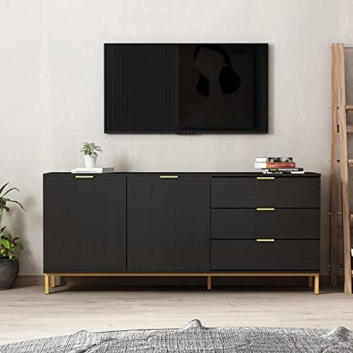 AIEGLE Sideboard Buffet Cabinet with 3 Drawers & 2 Doors, Kitchen Buffet Storage Cabinet Entryway Cupboard with Gold Metal Legs, Black (62.9" L x 15.7" W x 27.5" H)