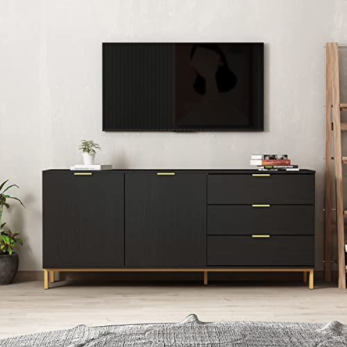 Aiegle Sideboard Buffet Cabinet With 3 Drawers & 2 Doors, Kitchen Buffet Storage Cabinet Entryway Cupboard With Gold Metal Legs, Black (62.9" L X 15.7" W X 27.5" H) #TOP12