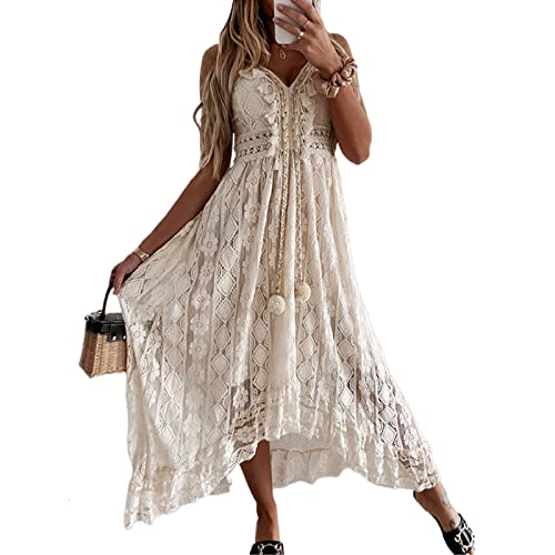 Luckinbaby Women V Neck Crochet Long Dress Spaghetti Strap Lace