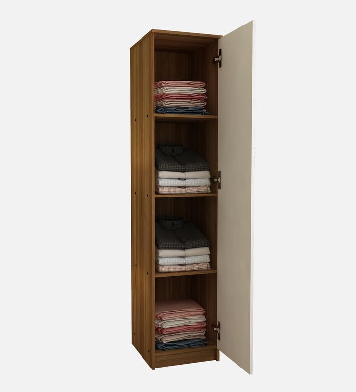 Image of Sonic Multipurpose 1-Door Wardrobe | Engineered Wood | 4 Spacious Shelves & Drawer | Lyon Teak & White Finish | Compact & Durable | Easy Knock-Down Assembly
