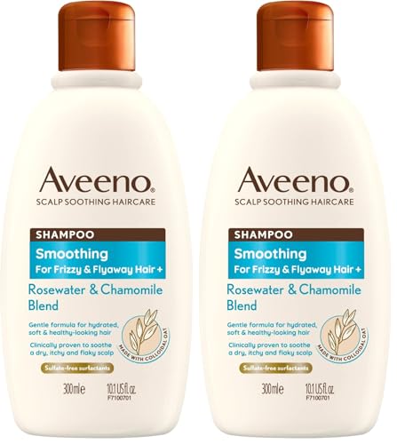 Image of Aveeno Smoothing Rosewater and Chamomile Scalp Soothing Shampoo for Frizzy Hair 300ml (Pack of 2)