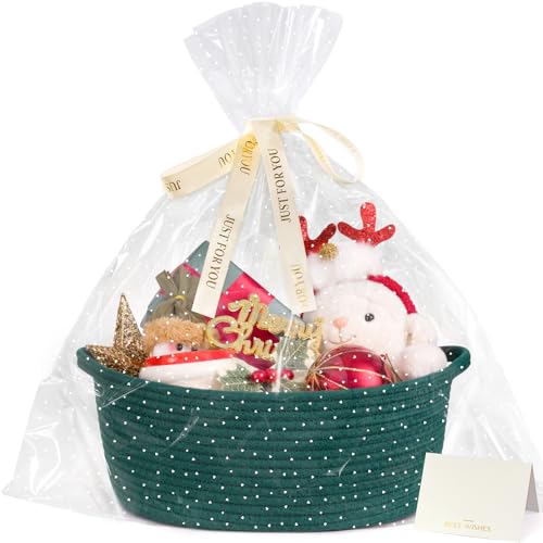 CHICVITA Small Cute Christmas Basket with Gift Bags & Ribbon, Green