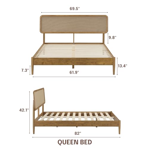 Image of NTC Lupin Wooden Bed Frame with Headboard, Solid Oak and Rubber Wood Foundation with Silent Slats and Wood Central Supports, 1000 Lb Capacity, Queen - Teak Look