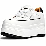 JYSGYLT 3 inch - 3.5 inch White Platform Sneakers for Women (White, US 8) - 6cm Heel 3cm Lift Comfy Cushioned Arch Support Non-Slip Walking Shoes, Microfiber Leather Platform Shoes