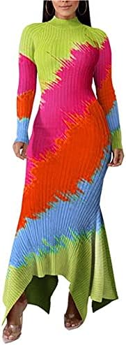 acelyn Women's Bodycon Maxi Dress - Long Sleeve Turtle Neck Irregular Hem Long Dresses Clubwear Colorful X-Large