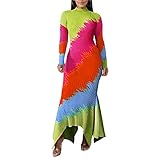 acelyn Women's Bodycon Maxi Dress - Long Sleeve Turtle Neck Irregular Hem Long Dresses Clubwear Colo
