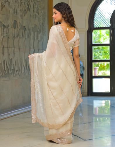 Image of SIRIL Women's Shimmer Chiffon Scalloped Border Sequins Embroidery Saree With Unstitched Blouse Piece