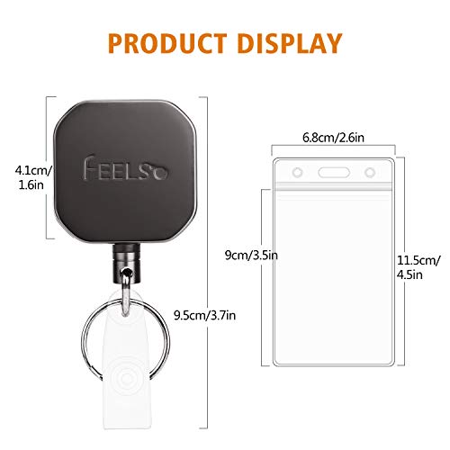 Badge Holder Reel Retractable, Feelso Metal Heavy Duty Badge Holder With Belt Clip Key Ring And 6Pcs Plastic Id Card Holders, Steel Wire Cord Up To 25 Inch (2 Pack) #TOP4